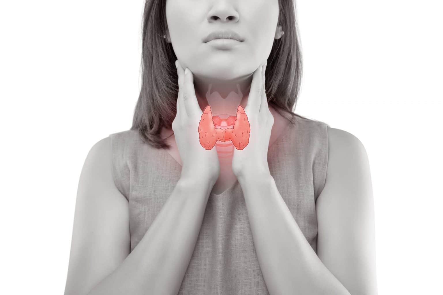 Thyroid-parathyroid Woman holding her throat with a diagram of a thyroid.